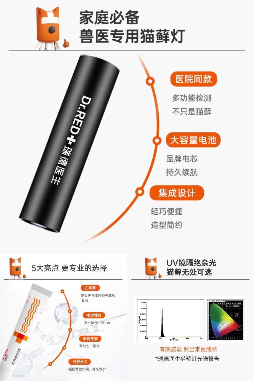 瑞德医生伍德氏猫藓灯专业检测猫癣猫尿真菌，适用于宠物狗，医用紫外线荧光灯，家用便携 - 营销图