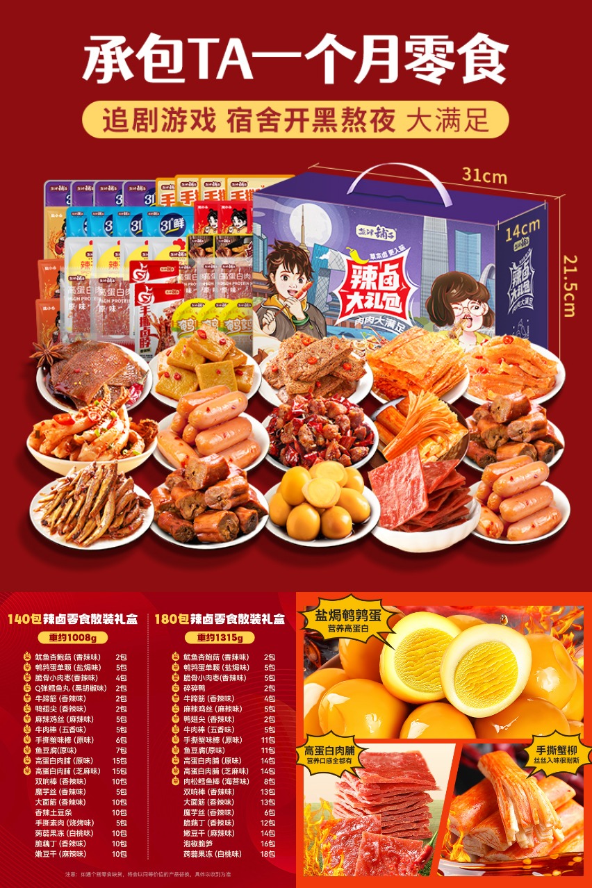 盐津铺子辣卤零食大礼包麻辣解馋卤味肉类休闲小吃办公室礼盒整箱便携送礼自用 - 营销图